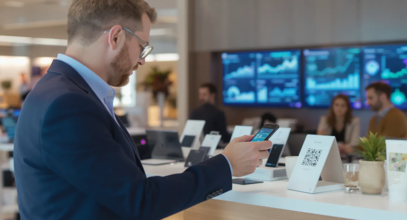 Een MKB-eigenaar scant met zijn telefoon een QR-code op een productdisplay in een showroom, terwijl op de achtergrond medewerkers achter laptops realtime AI-dashboards bekijken.