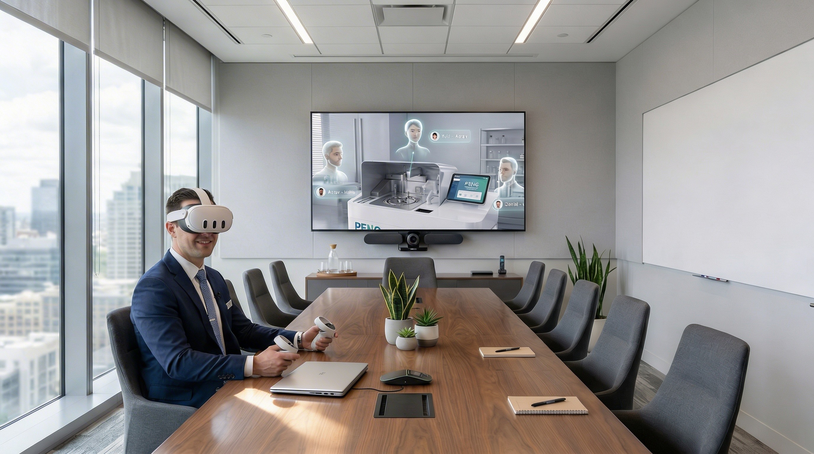 Sales rep demonstrating Peng Analyzer digital twin to remote prospects in collaborative VR session