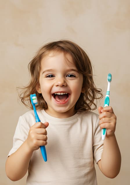 A young child laughing while holding two toothbrushes