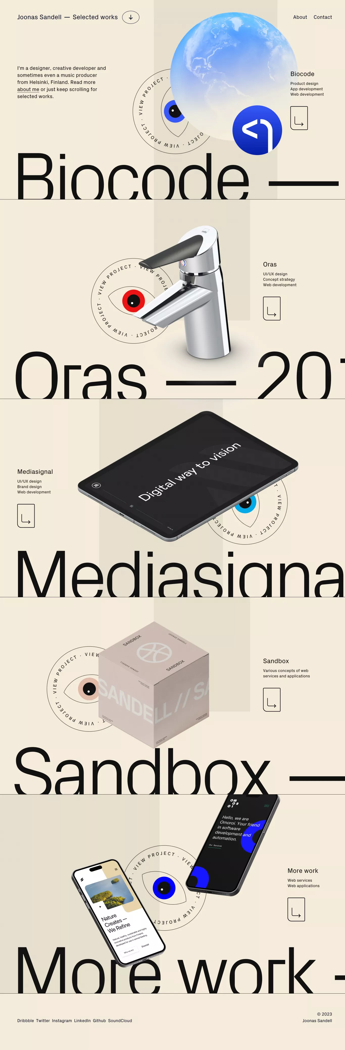 Joonas Sandell portfolio page screenshot showcasing Design and Tech design