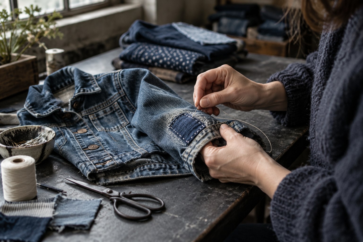 Hände reparieren eine Kinderjeansjacke mit einem Stoffstück.