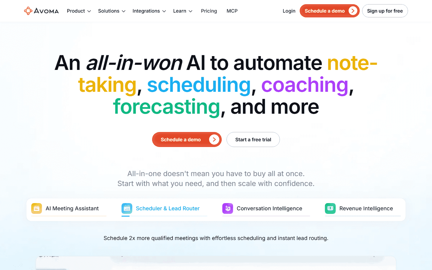 The Avoma homepage, headlined "An all-in-won AI to automate note-taking, scheduling, coaching, forecasting, and more."