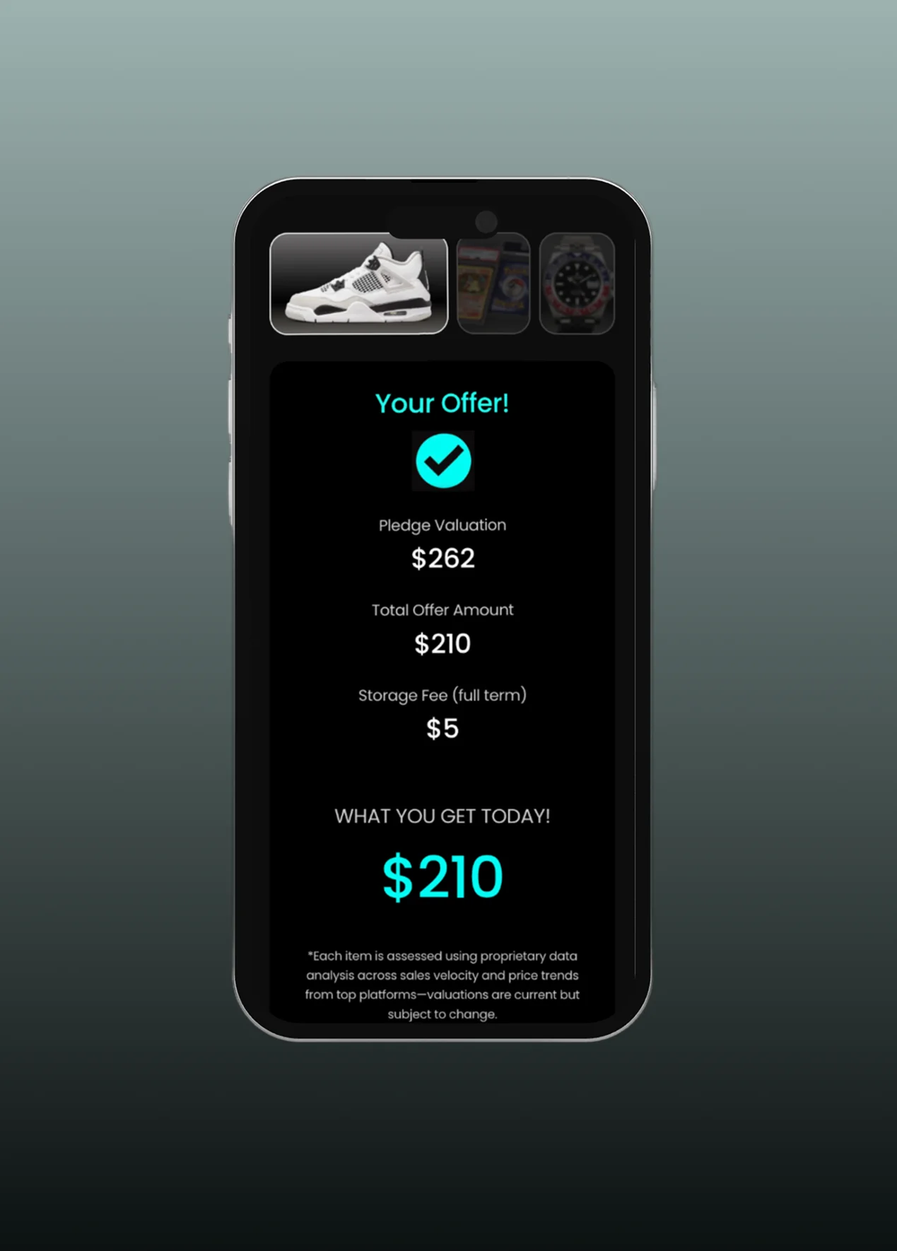 Sneaker owner submitting sneaker details on the Pledge App to turn inventory into instant cash.