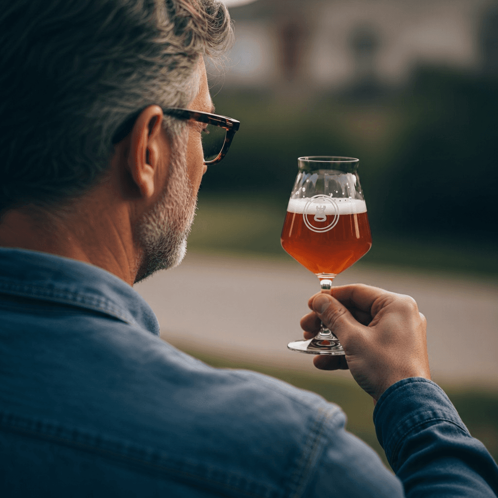 man looking at a tulip-shaped glass of beer at eye level