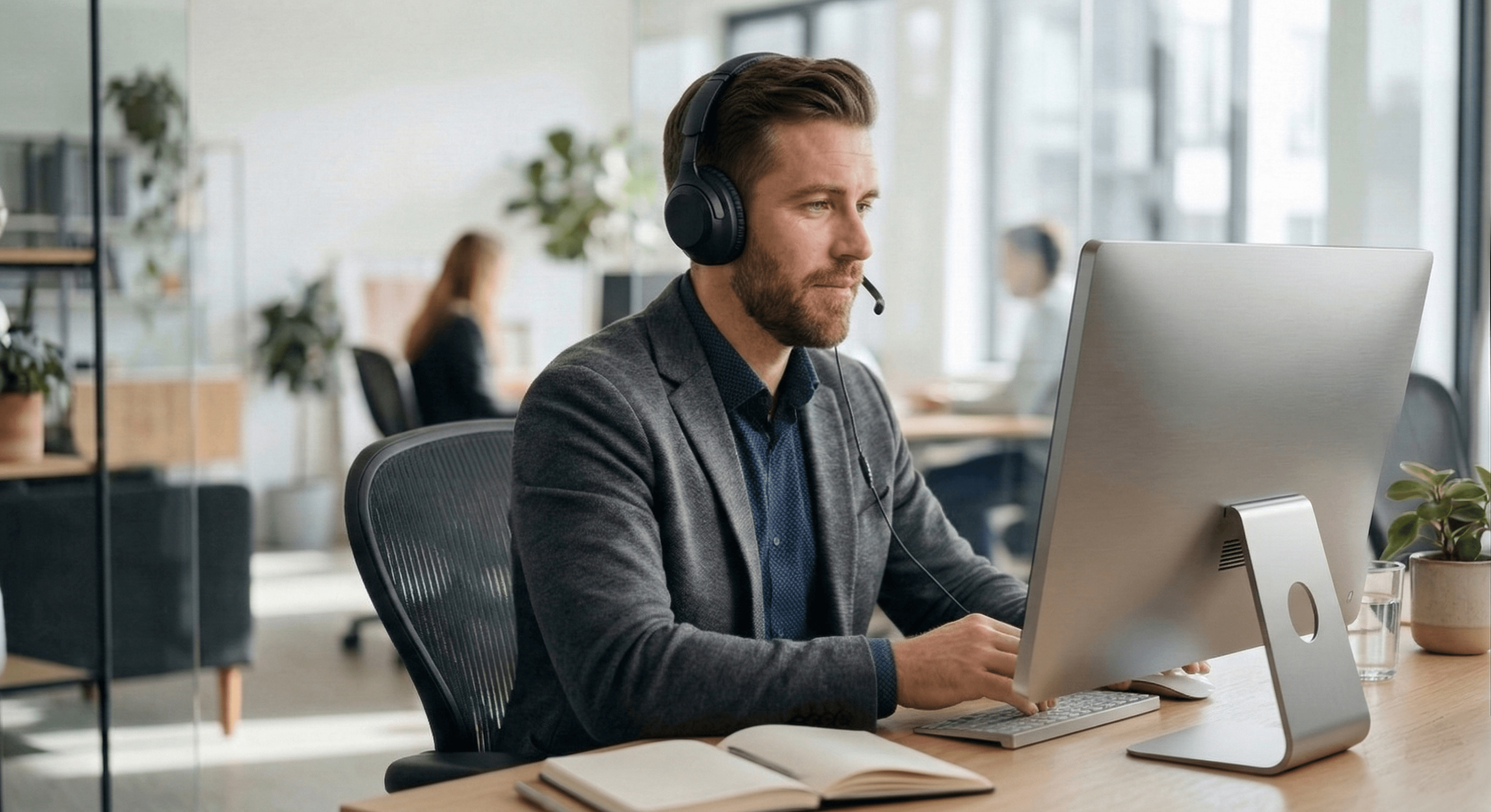 A professional man in a grey blazer wearing a headset and working on a desktop computer in a bright, modern open-plan office.