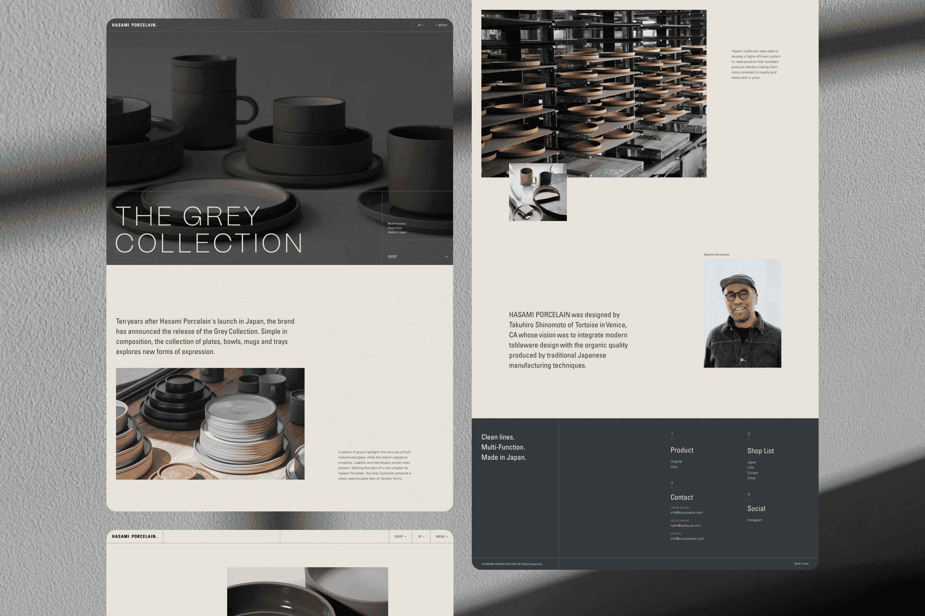 A collection of website screenshots featuring a collection of grey plates and kitchenware