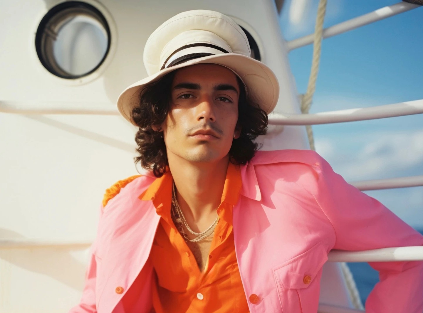 A person with long, wavy hair is wearing a white hat, bright pink jacket, and orange shirt while standing on a yacht, with a backdrop of blue sky and round ship windows, embodying a stylish and relaxed nautical fashion.