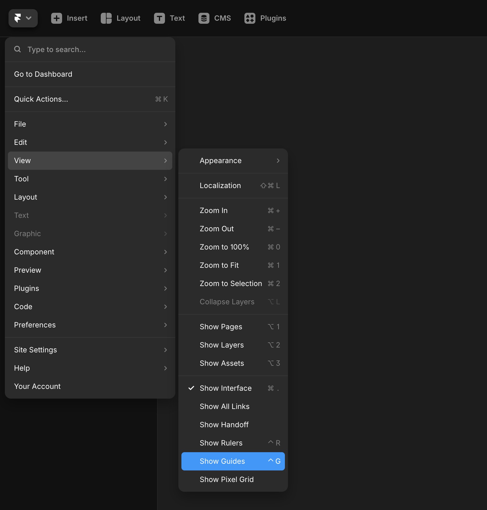 Screenshot of a Framer dropdown menu under the 'View' tab that show the “Show Guides” option.