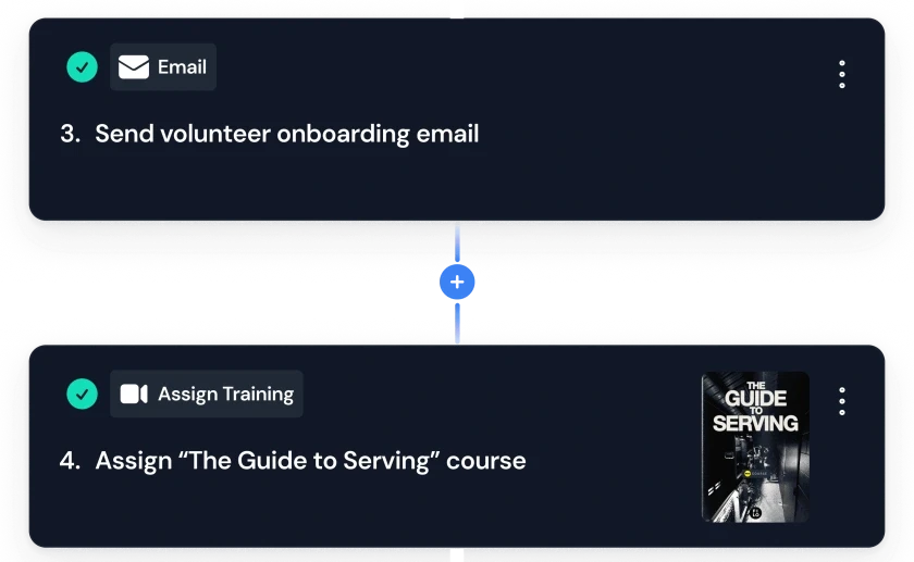 MxU Pathways automatically sends an onboarding email and assigns training to a new volunteer.