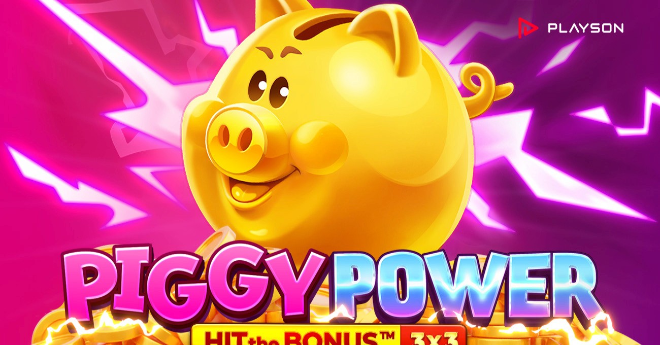 Piggy Power: Hit the Bonus — tirelire dorée, titre du jeu et éclairs roses et violets