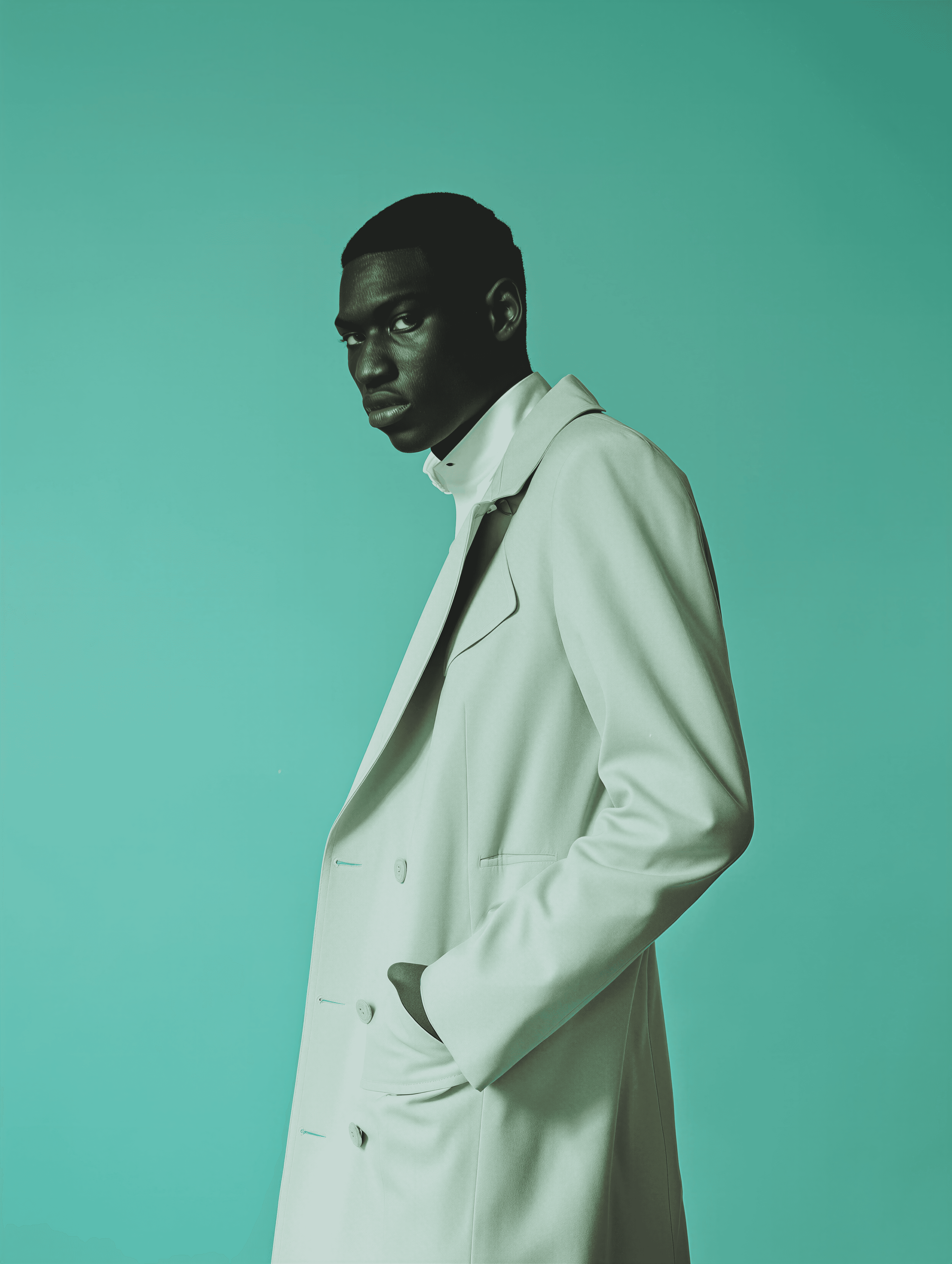 Bold editorial fashion portrait of model in houndstooth blazer with red tie and green shirt against bright turquoise background - Serif Creative Studio luxury fashion photography