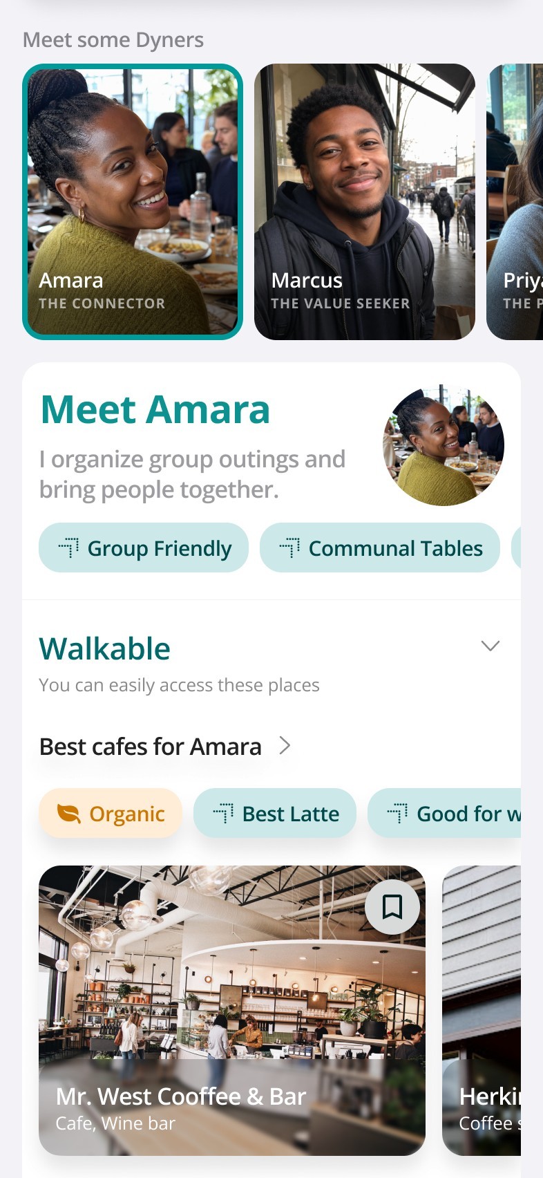 Seeded home feed with Amara — The Connector — selected: their profile card, taste tags, and curated lists