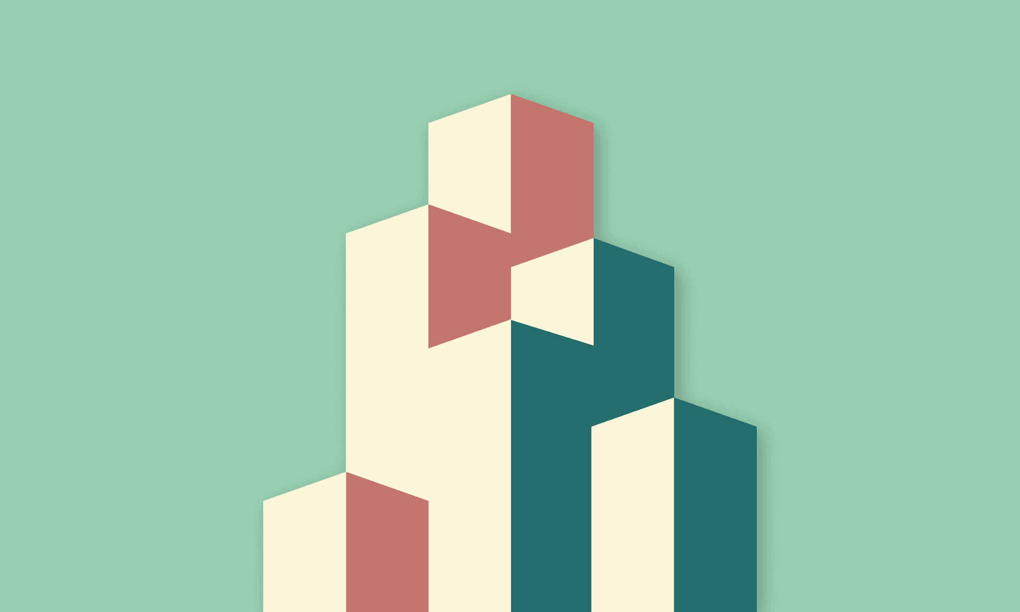 The image features a geometric, abstract design resembling stacked cubes in red, cream, and green tones against a soft green background, symbolizing the concept of building structures related to real estate investments (REITs).