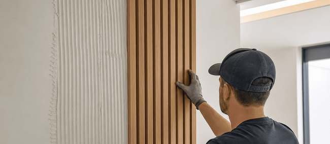 Instalación de paneles de pared WPC con perfiles de listones verticales, mostrando el proceso de montaje
