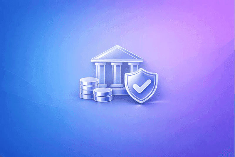 3D fintech compliance icon showing a secure bank building with shield and coins on a blue to purple gradient background.