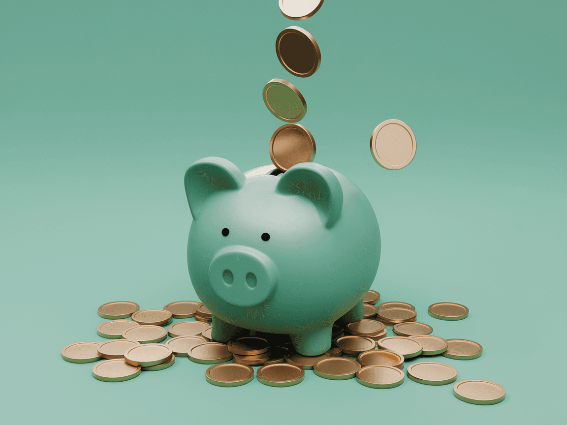 Piggy bank and gold coins