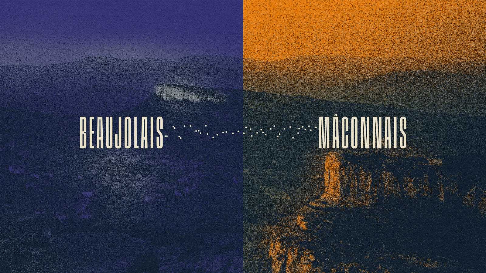 Illustration en bichromie des roches de Solutré et Vergisson, avec écrit Beaujolais et Maconnais.