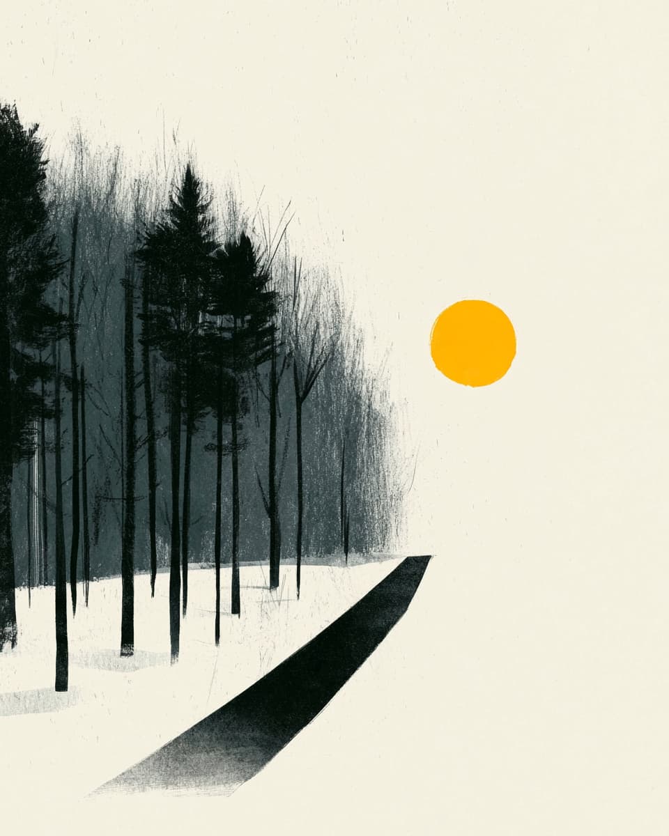 Minimalistische Winterlandschaft mit Wald, Weg und Sonne. Schwarz-Weiß-Kunst.