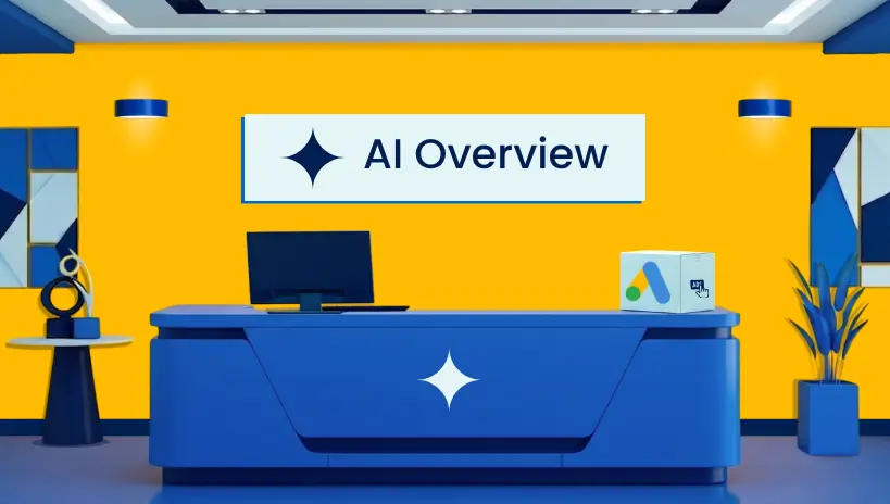 Blue office desk with Google Ads icon and AI Overview banner on a yellow wall.