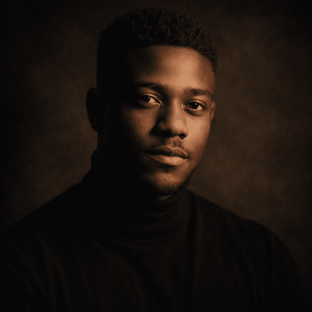 Portrait of a man in dim light, wearing a black turtleneck, serious expression.