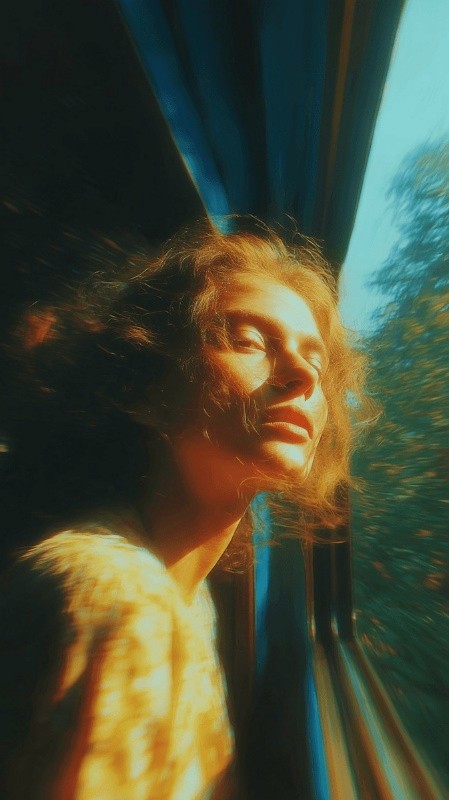 Warm, ethereal portrait of a person with curly hair, captured in soft, golden hour sunlight with a hazy glow.