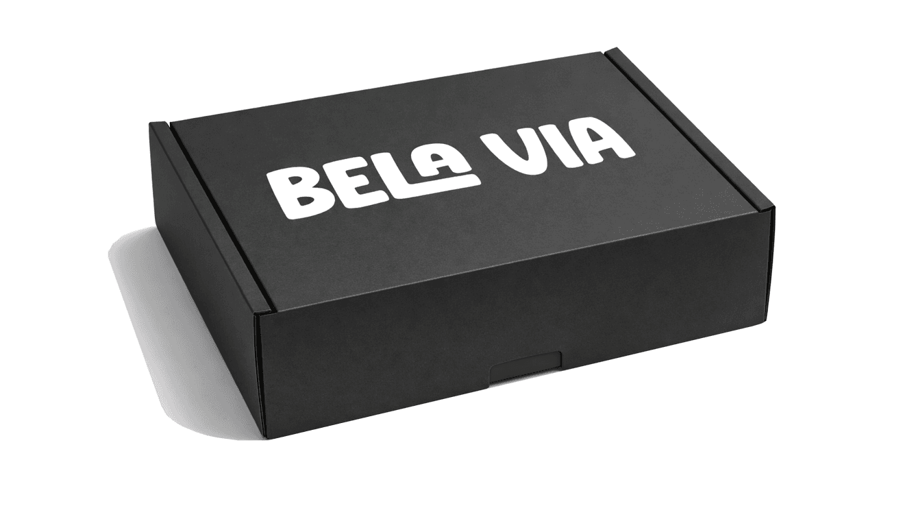Black mailer envelope with Bela Via logo in white