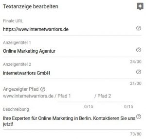 SEA Textanzeige inklusive zugehöriger Anzeigenerweiterungen