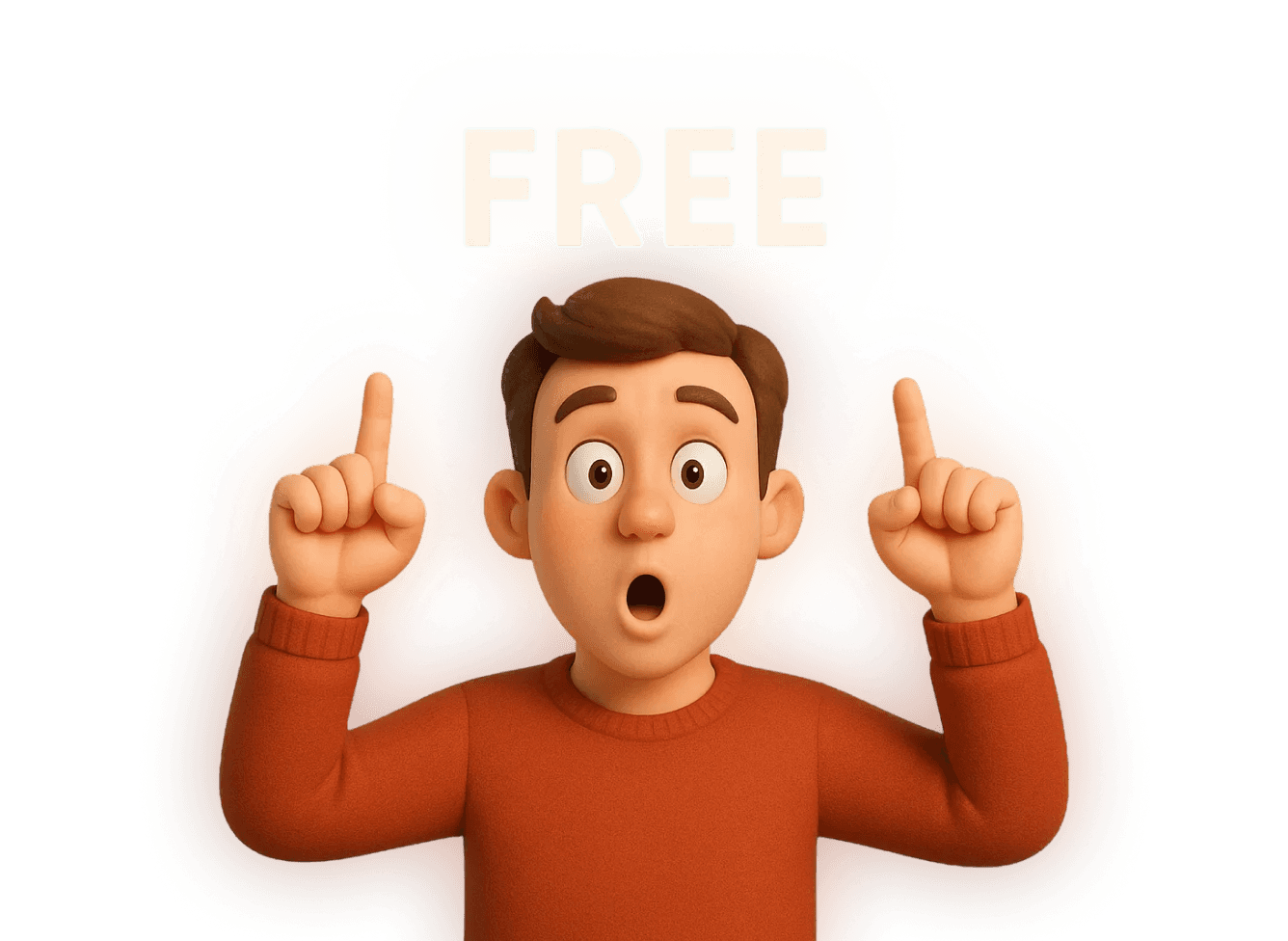 3D cartoon character of a surprised man wearing an orange sweater, pointing upward with both index fingers toward the glowing word “FREE” above his head.