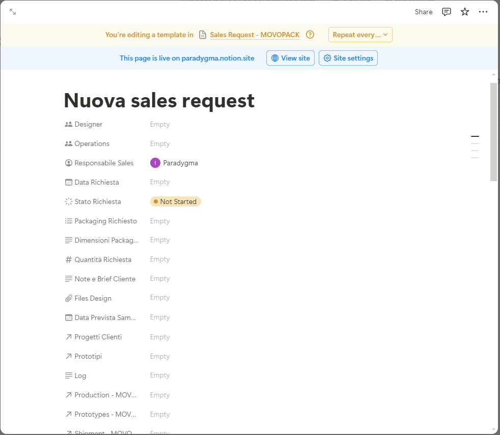 Template di una nuova sales request