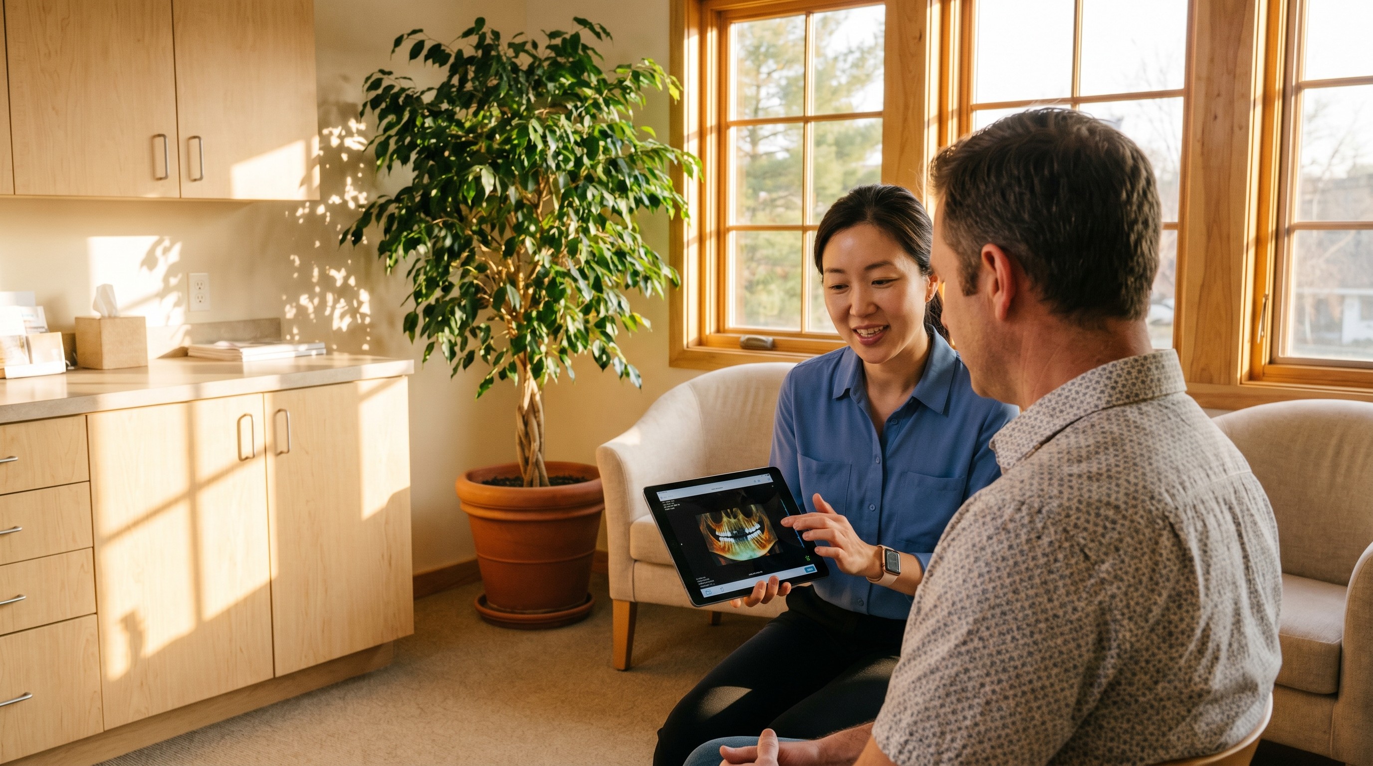 Dentist reviewing a CBCT scan with a middle-aged patient in a warm, sunlit La Mirada consultation room