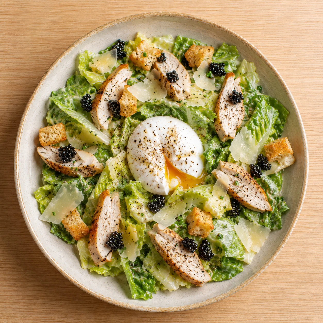 Caesar Royale: Little gem, parmesan crisp, anchovy dressing, brioche crumb.