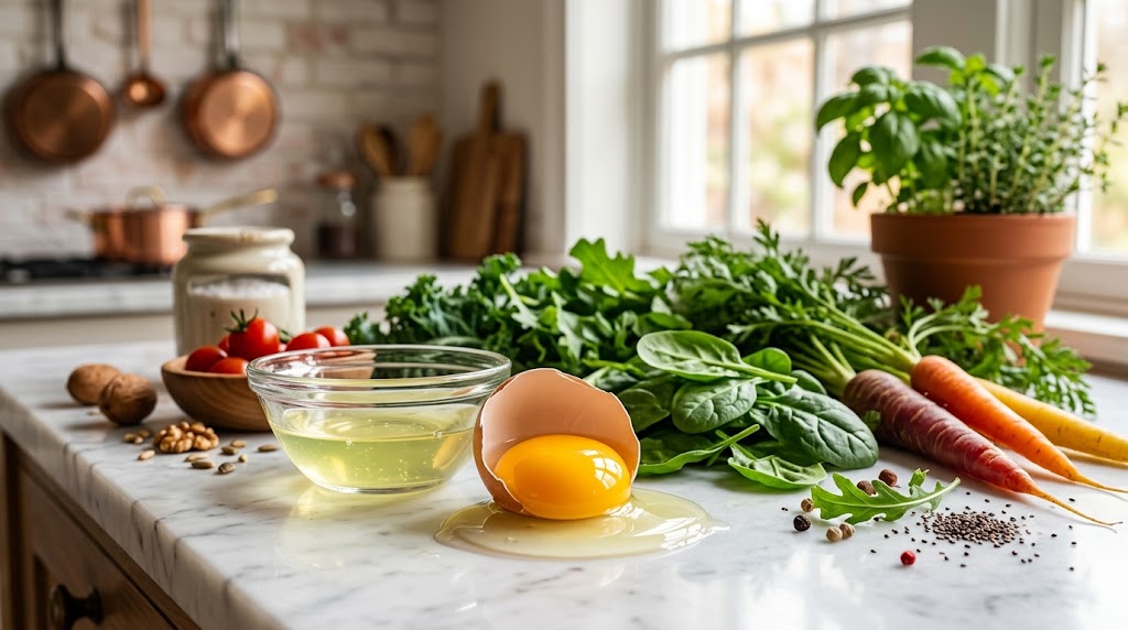 A vibrant, high-quality photograph of raw healthy ingredients, featuring a cracked egg, olive oil, spinach, carrots, walnuts, and herbs on a white marble kitchen countertop.