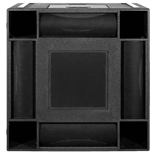 Large black loudspeaker cabinet with multiple speakers.