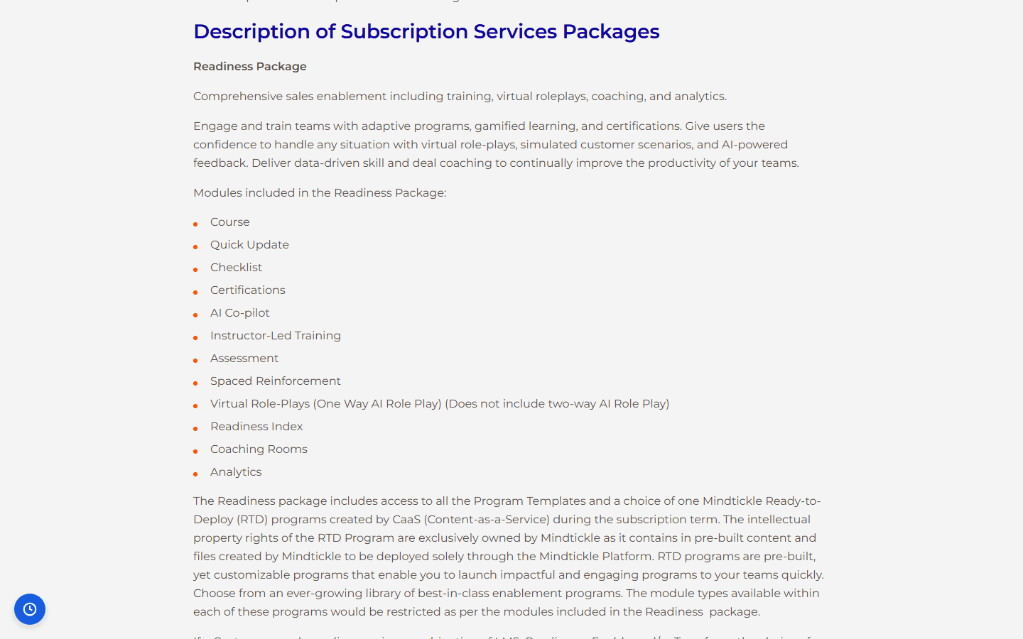 Mindtickle's "Description of Subscription Services Packages" page, listing the modules in its Readiness Package, from courses and certifications to one-way AI role-plays.