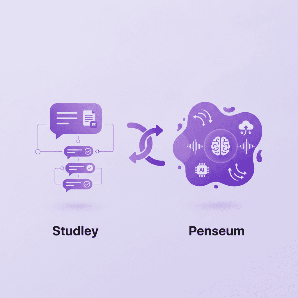 Split screen graphic showing a static text chat on the left Studley and a dynamic interactive canvas with voice wave graphics on the right Penseum