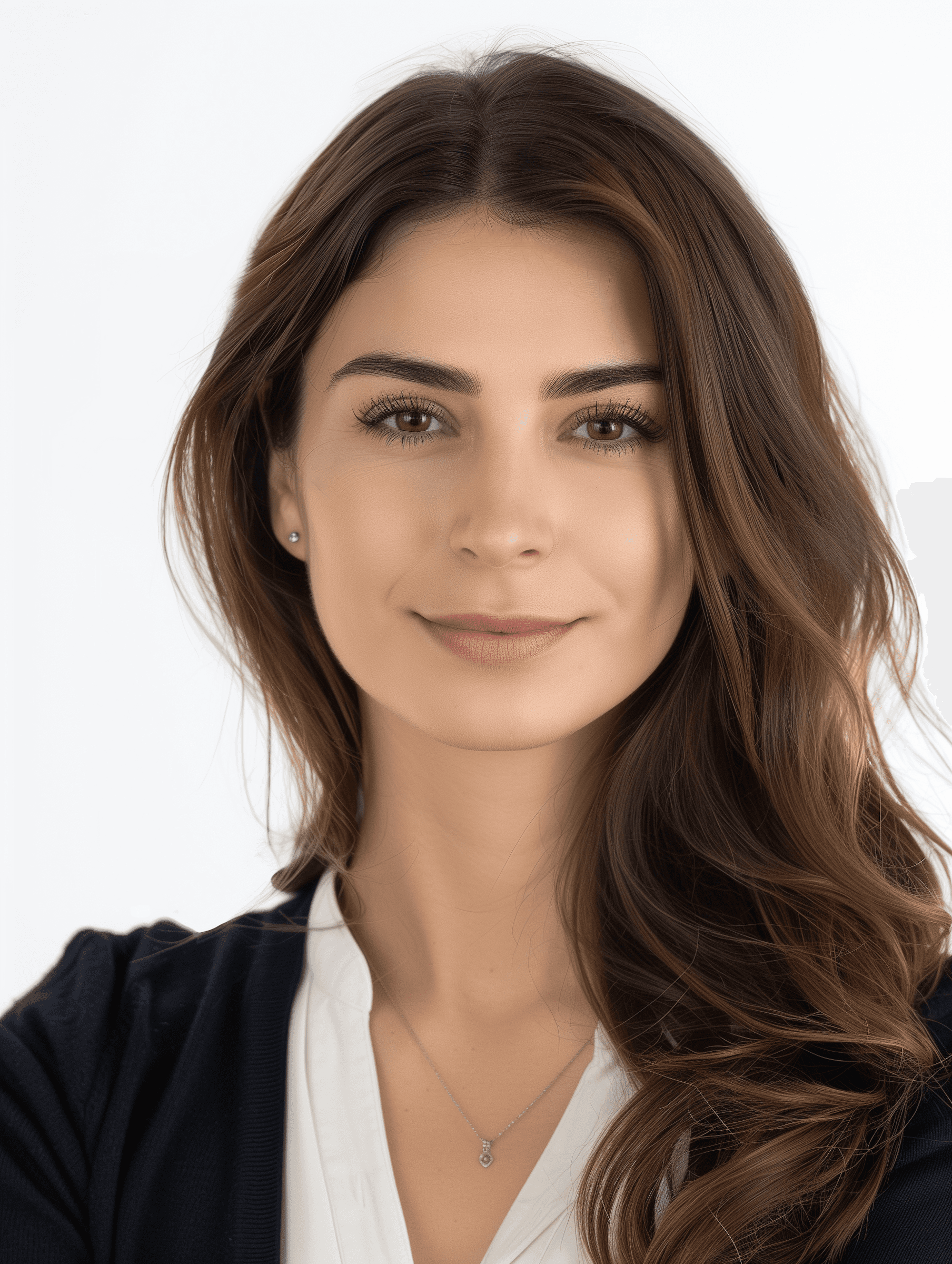 Portrait of a young woman with brown hair and eyes, wearing a white blouse and dark blazer, set against a plain white background.