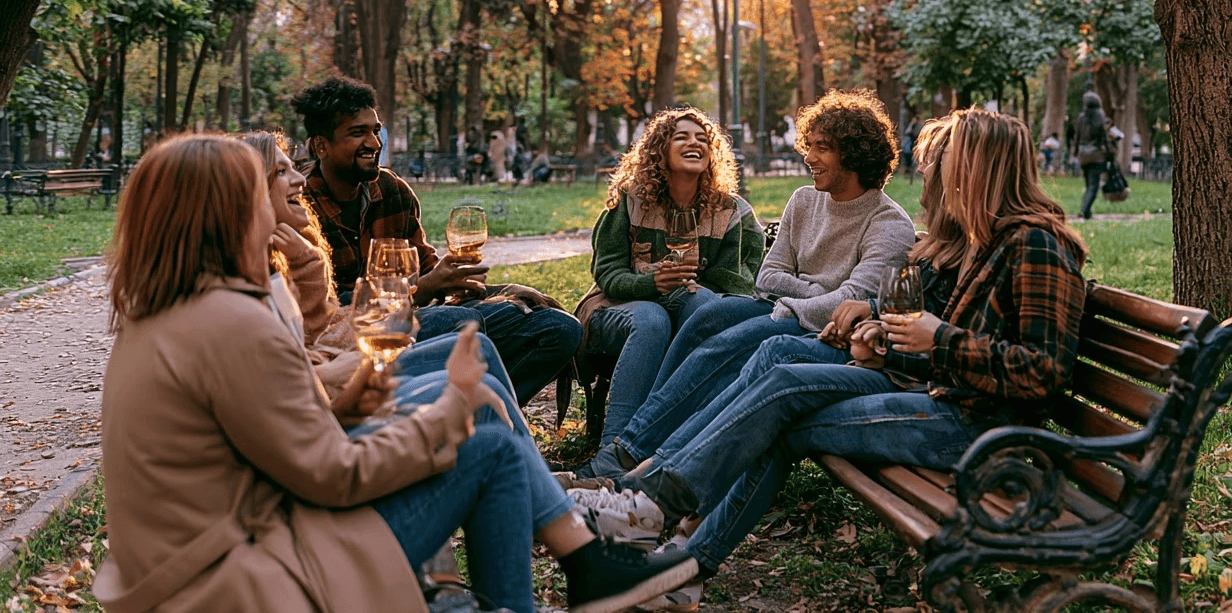 Group of young travelers sitting together in AlUla’s old town, sharing drinks and stories under palm trees on a sunny day.