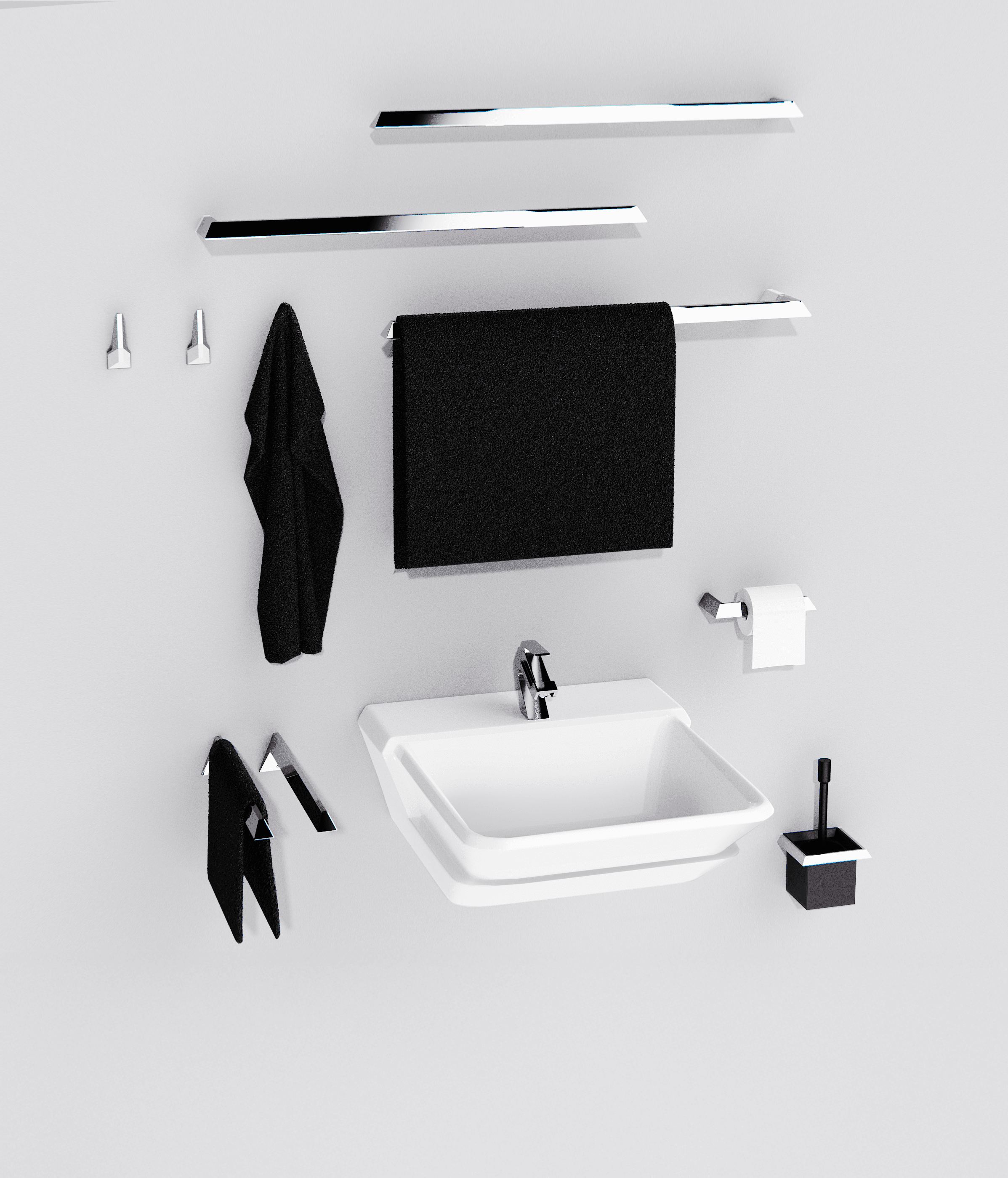 The complete Kane bathroom accessories set featuring the washbasin, faucet, towel holders, bathrobe hooks, toilet paper holder and toilet brush, wall mounted on a grey surface with black towels placed.