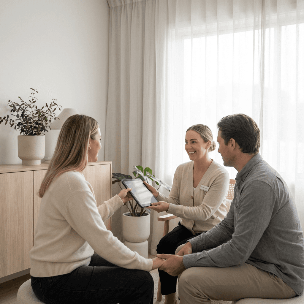 Happy family sitting on a couch, warmly lit by sunlight, smiling and enjoying time together.