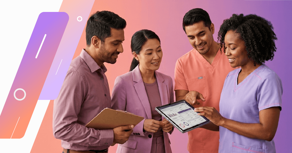 Diverse group of healthcare professionals smiling together, representing Synapti Health’s tailored value based care training solutions for every healthcare organization.