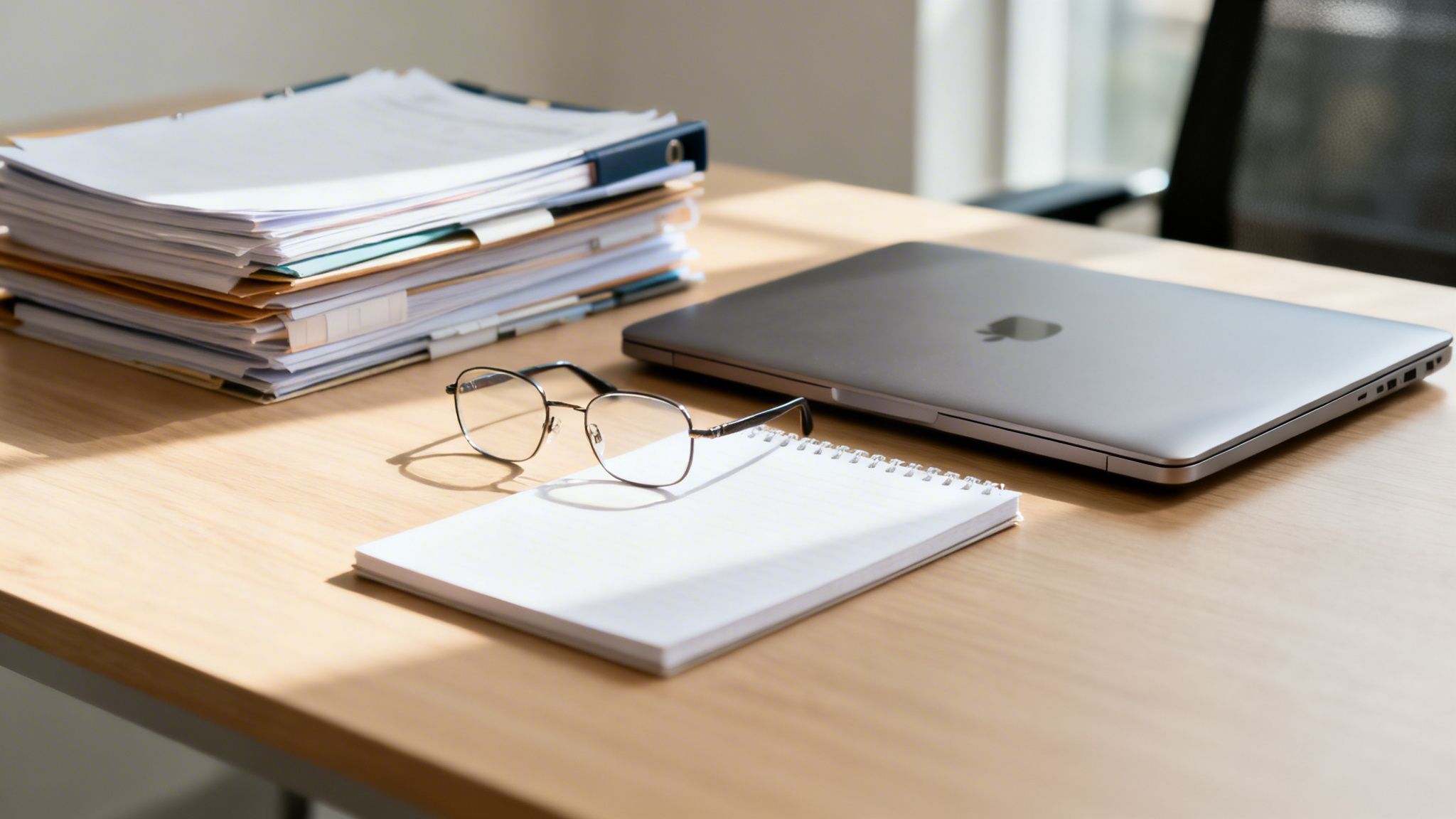 En solbelyst arbetsplats med en hög papper, en stängd MacBook, glasögon och ett anteckningsblock på ett träskrivbord.
