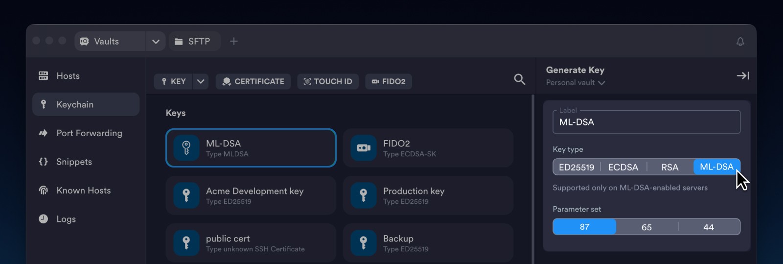 Termius supports ML-DSA keys – post-quantum secure keys for both host and user authentication.
