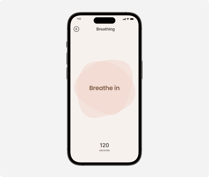 Smartphone displaying a breathing exercise on the screen, featuring step-by-step instructions and a visual guide to help users practice mindful breathing techniques.