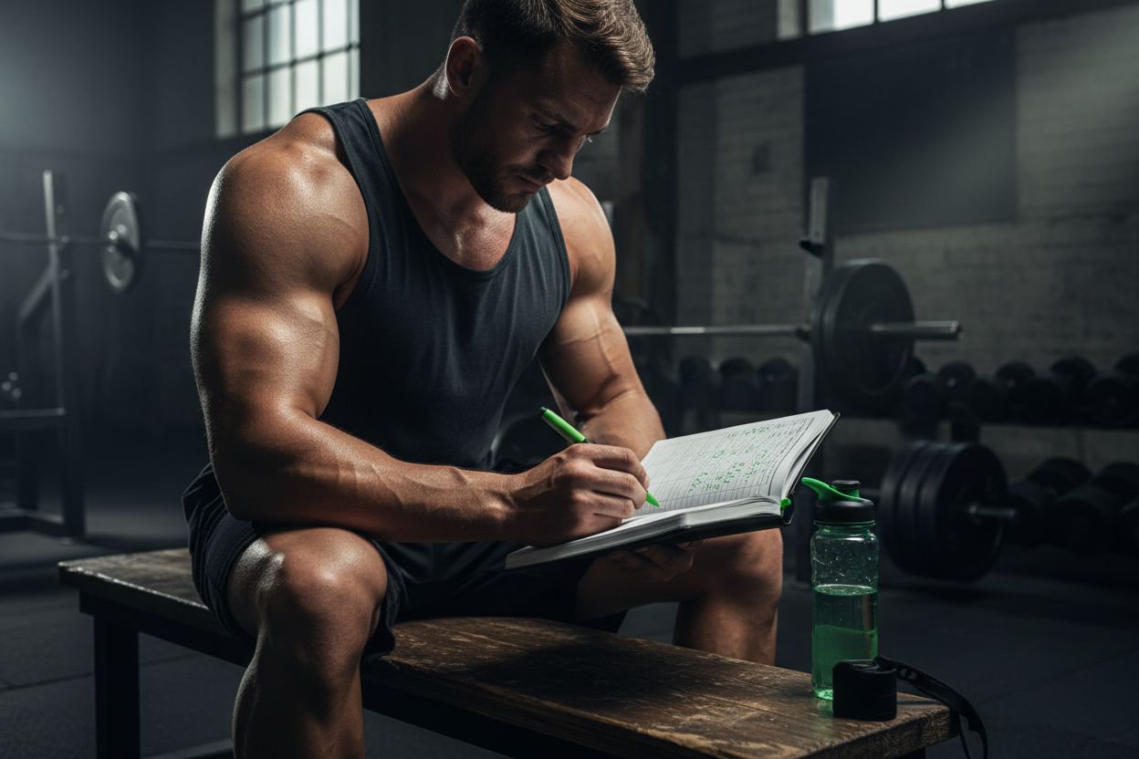 Person logging workout in notebook