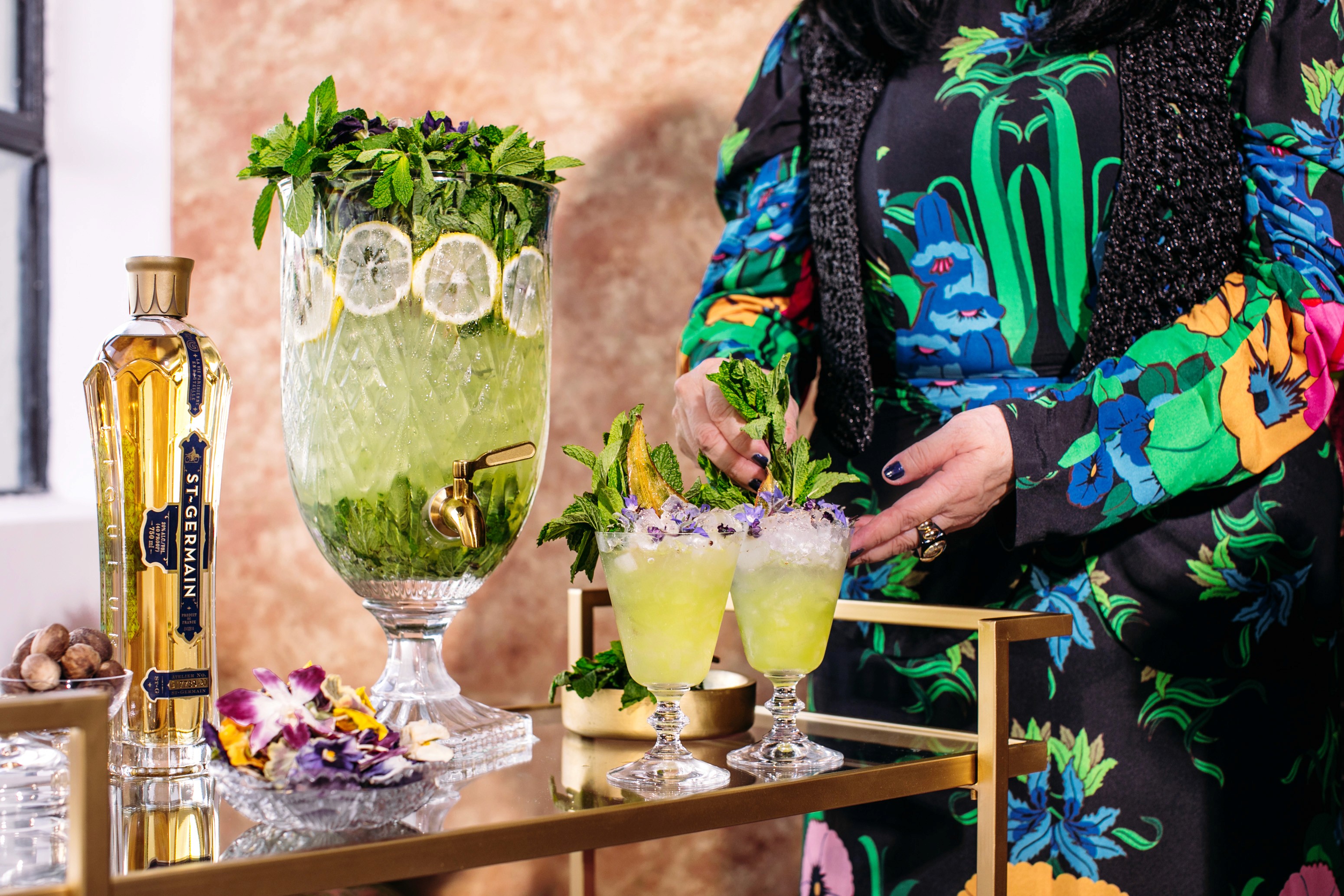St-Germain punch bowl, cocktails, and Anna Sui floral fashion detail