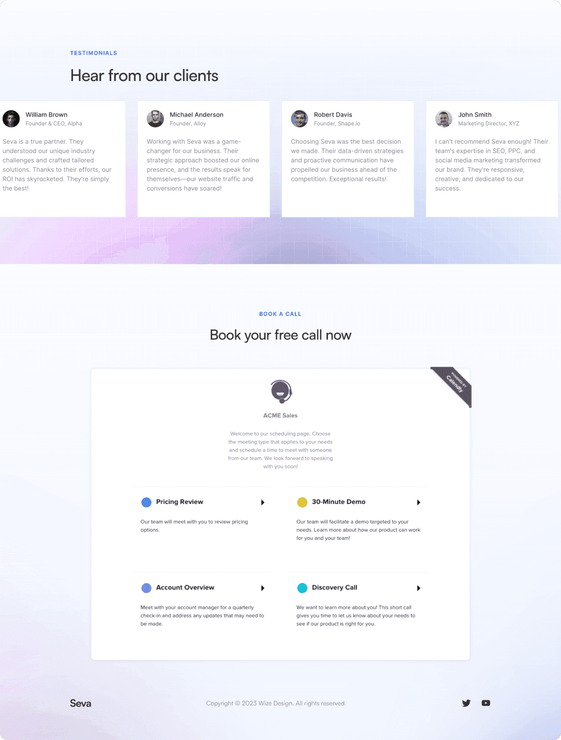 Seva template testimonials and Calendly