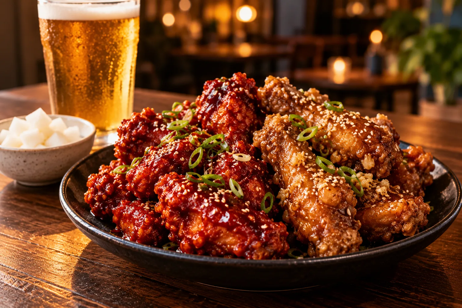 Yangnyeom and soy garlic Korean fried chicken with beer and pickled radish
