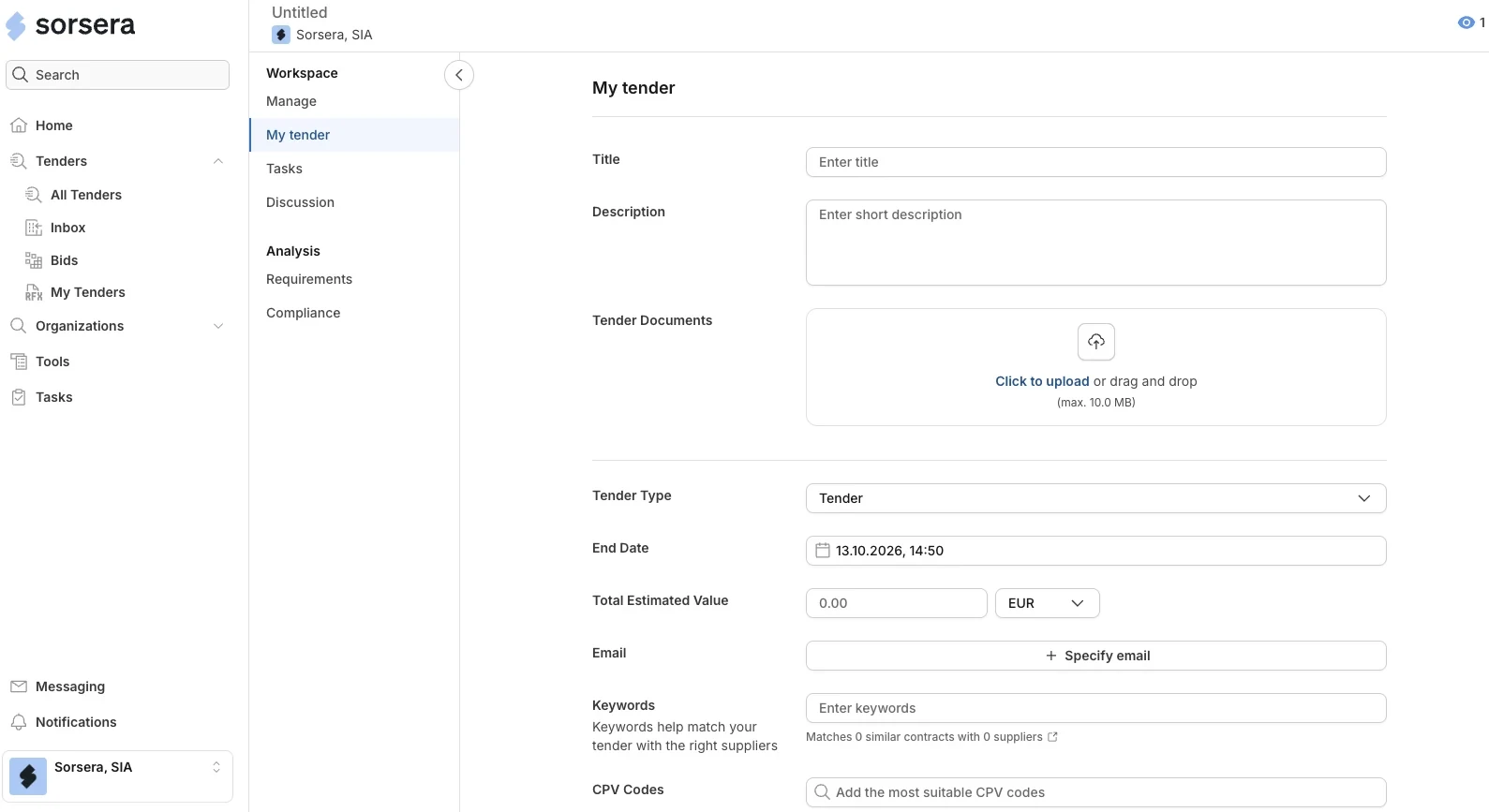 Sorsera tender creation form with title, documents, end date, estimated value, keywords and CPV codes