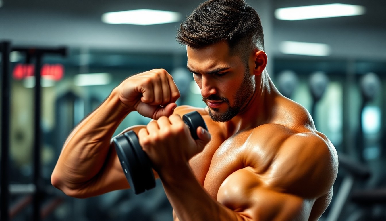 Guy lifting weights in a bicep curl exercise.