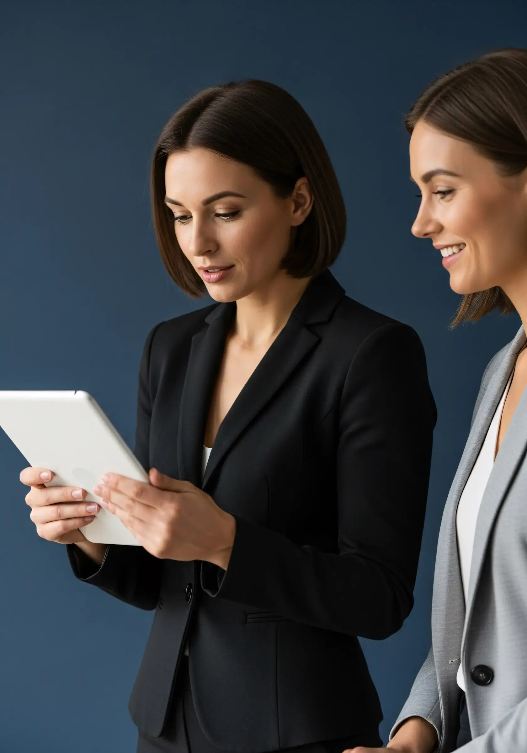 Person in a suit holding a smartphone while another person points at the screen